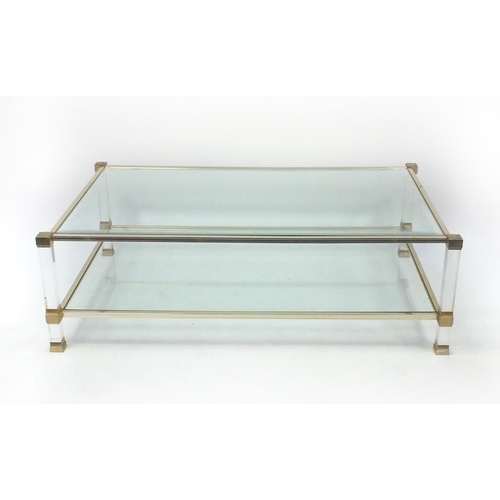 2034 - Pierre Vandel modern plate glass and lucite two tier coffee table, 40cm high x 125cm wide x 73cm dee... 