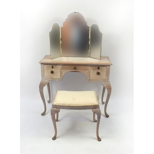 2033 - Bleached wooden dressing table with triple mirror and stool