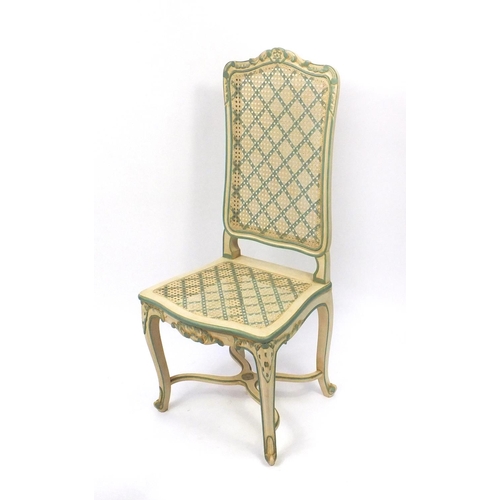2015 - Set of six cream and green painted highback dining chairs with cane panelled backs and seats to incl... 