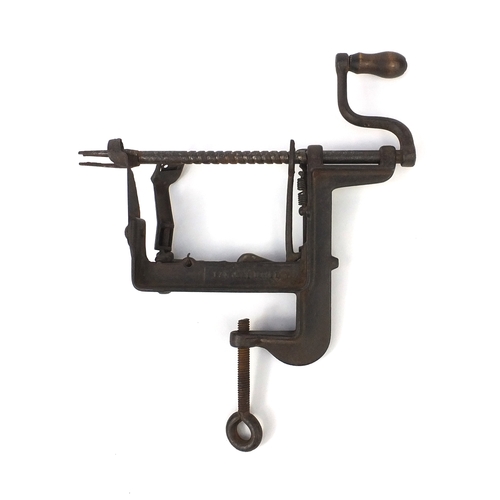 53 - Victorian cast iron mechanical apple peeler, patent June 14th 1880, 24cm wide