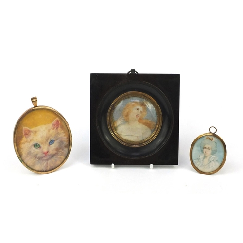 14A - Three watercolour portrait miniatures, including one onto ivory of a semi nude female with flowing h... 