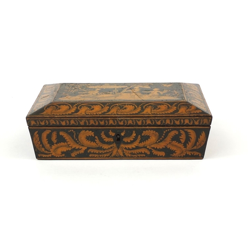 44 - Regency pen work box with divisional interior, the hinged lid with chinoiserié figures amongst ferns... 