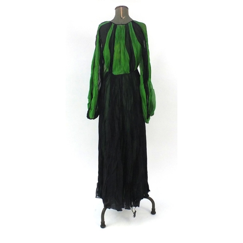 23 - Green and black plisse dress, designed by Yuki Torimaru  dress maker to Princess Diana, Yuke London ... 
