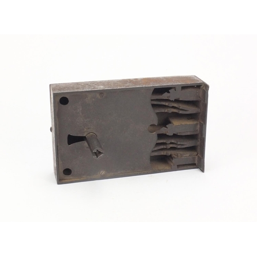 51 - Antique rectangular steel lock with key, 20cm wide