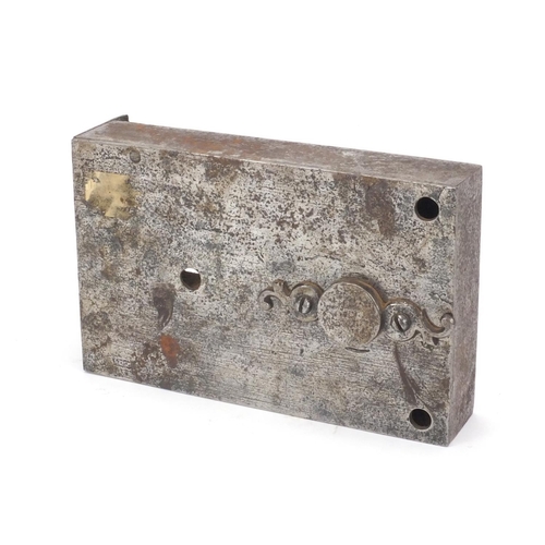 51 - Antique rectangular steel lock with key, 20cm wide