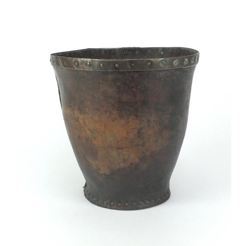 57 - Antique metal bound leather fire bucket impressed Tilley to the base, 28.5cm high