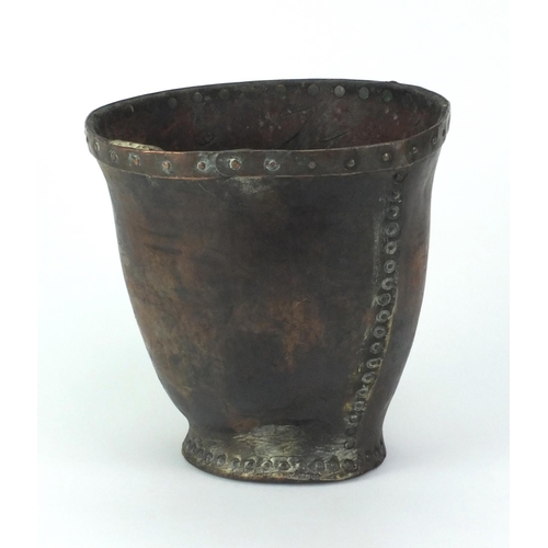 57 - Antique metal bound leather fire bucket impressed Tilley to the base, 28.5cm high