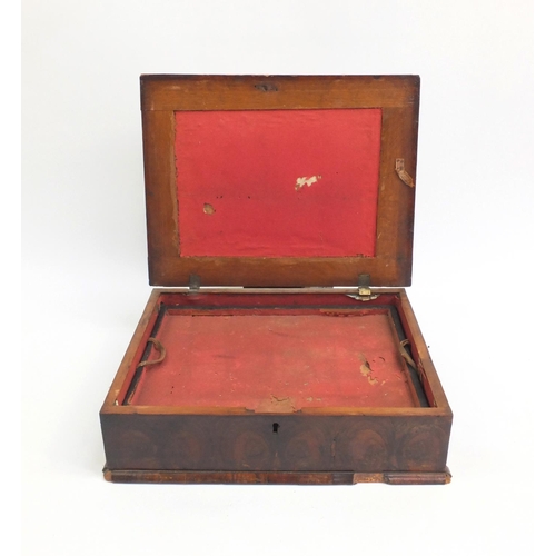 42 - 18th century Laburnum oyster veneered bible box with brass handles and lift out tray, 14.5cm high x ... 