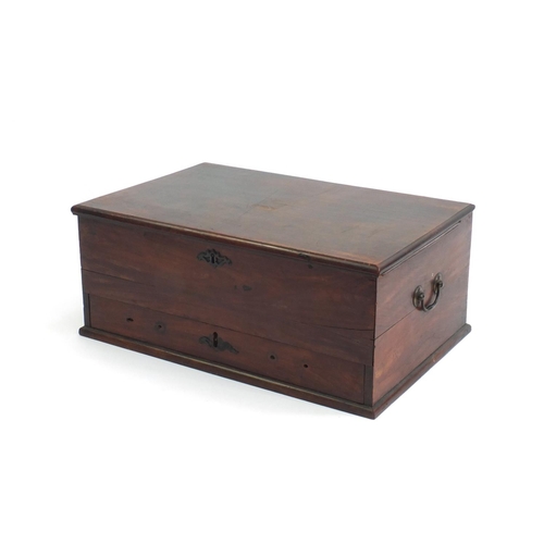 43 - Antique hardwood deed box with drawer to the base and brass handles, 24cm high x 57.5cm wide x 38.5c... 