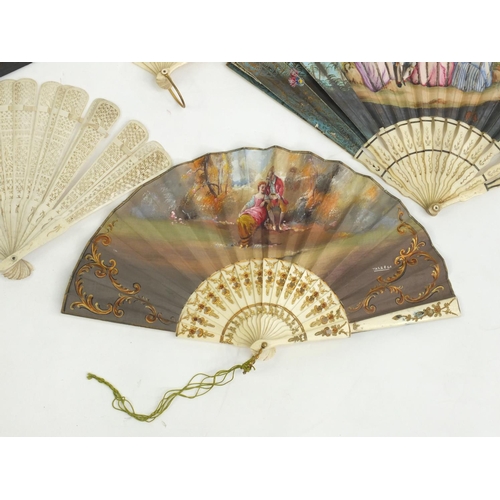 22 - Five Victorian fans, three with bone sticks, one with silver inlay, various decorations