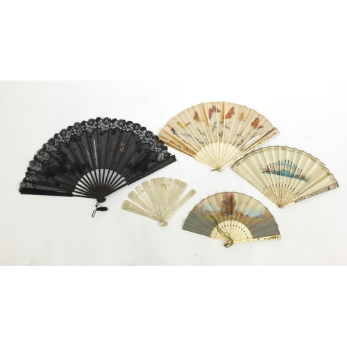 22 - Five Victorian fans, three with bone sticks, one with silver inlay, various decorations