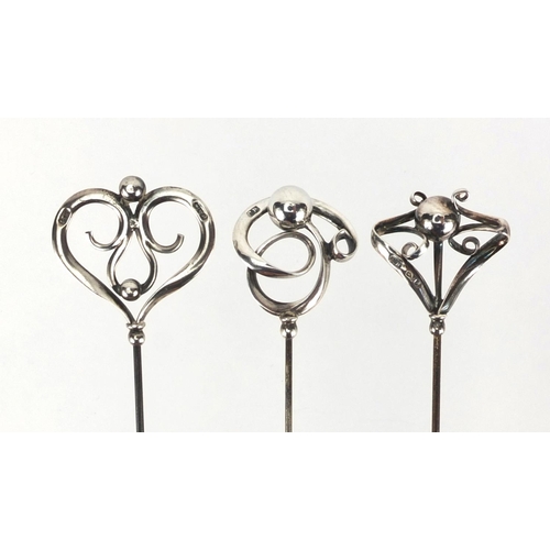 5 - Three Art Nouveau silver hat pins by Charles Horner, various Chester hallmarks, the largest 26.5cm i... 