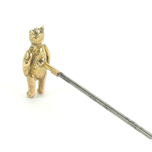 4 - 9ct gold teddy bear hat pin, 18cm in length