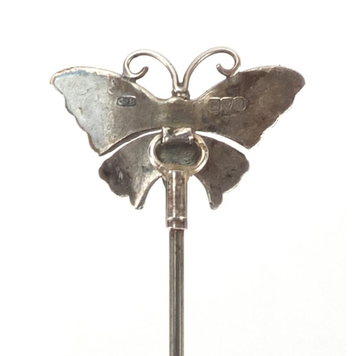 1 - Art Nouveau silver and enamel butterfly hat pin by Charles Horner, Chester 1910, 24.5cm in length