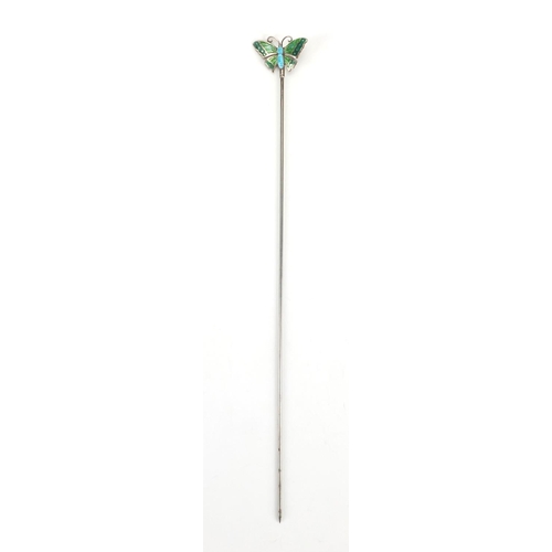 1 - Art Nouveau silver and enamel butterfly hat pin by Charles Horner, Chester 1910, 24.5cm in length