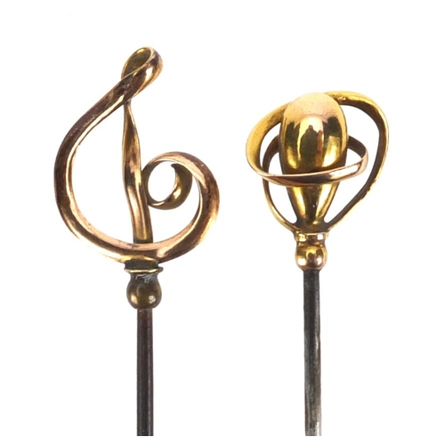 14 - Two Art Nouveau 9ct gold hat pins by Charles Horner, one with Chester hallmarks, the largest 16.5cm ... 