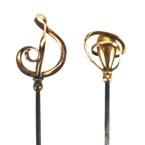 14 - Two Art Nouveau 9ct gold hat pins by Charles Horner, one with Chester hallmarks, the largest 16.5cm ... 