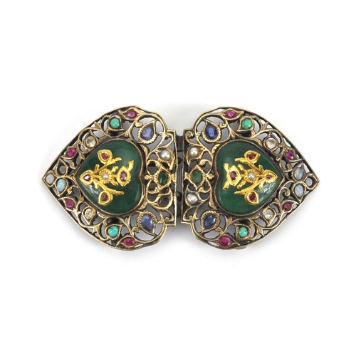 17 - Antique two piece steel buckle set with jade panels, set with various semi precious stones including... 