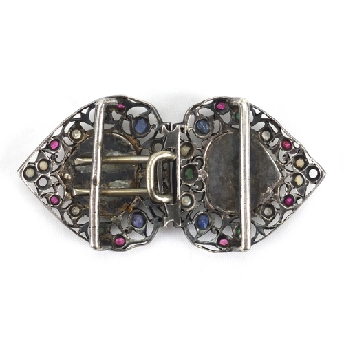 17 - Antique two piece steel buckle set with jade panels, set with various semi precious stones including... 