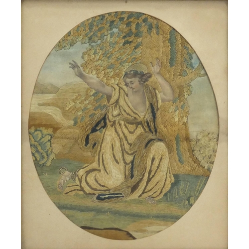 27 - 19th century oval silk work picture of a female beside a tree, mounted and framed, 29cm x 24cm exclu... 