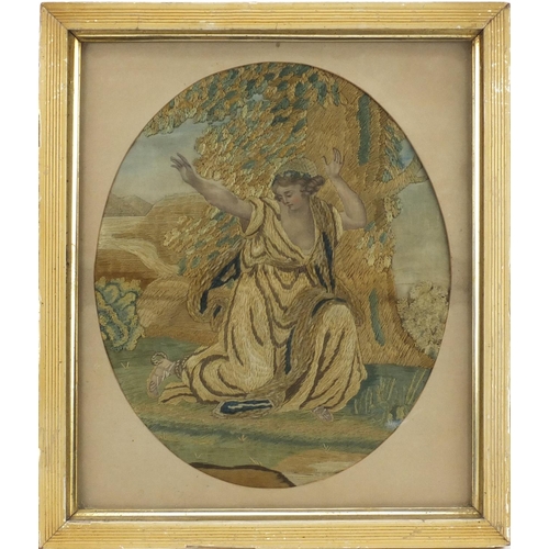 27 - 19th century oval silk work picture of a female beside a tree, mounted and framed, 29cm x 24cm exclu... 
