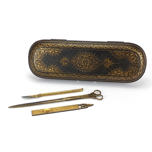 640 - Ottoman damascened calligraphy tools housed in a fitted tooled leather case hand painted with floral... 