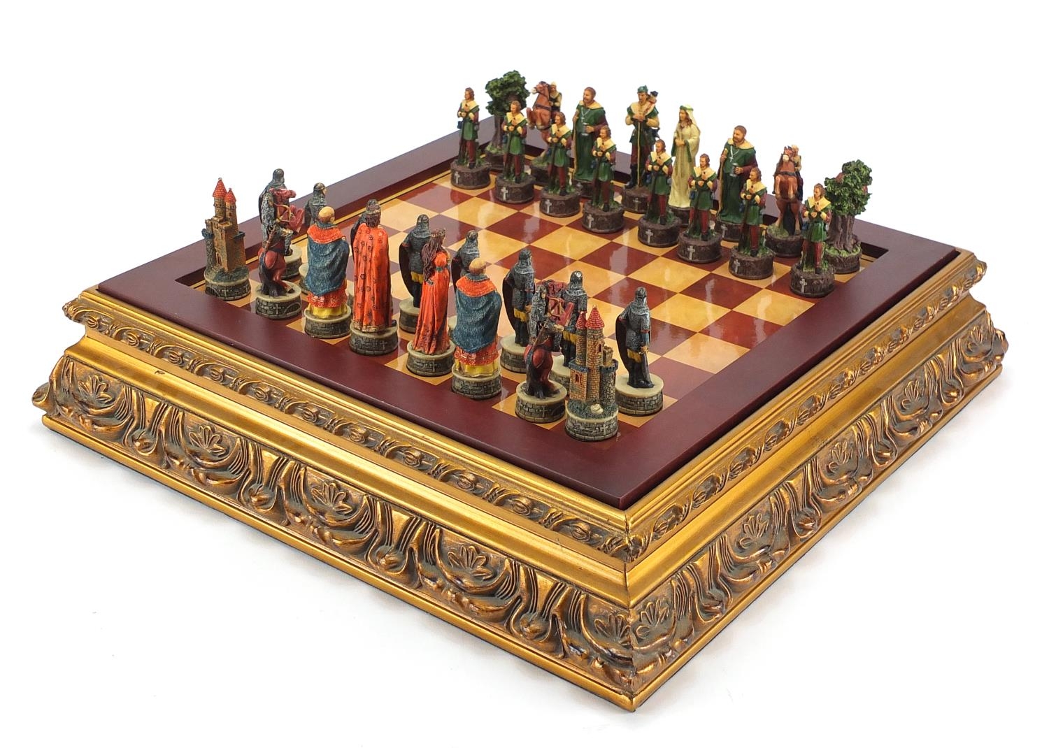 Robin Hood hand painted chess set with board, the board 42cm x 42cm