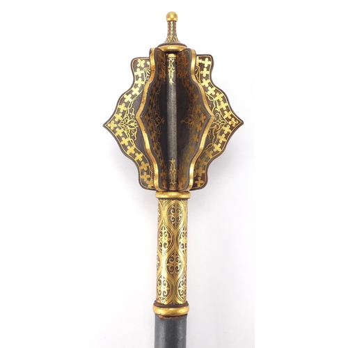 585 - Eastern European gold damascened mace, the flanged head and pommel with foliate motifs, probably Hun... 