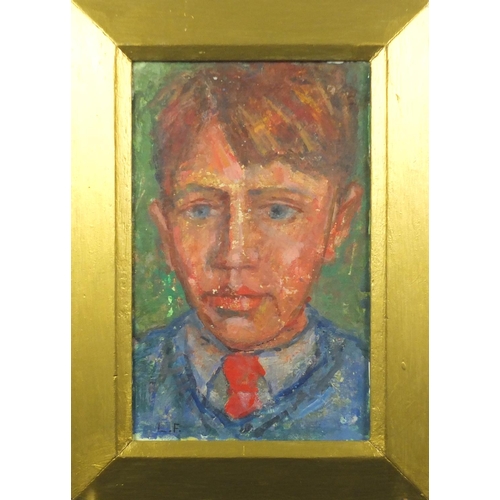 1315 - Portrait of a young boy, oil on canvas board, bearing a monogram LF, framed, 27.5cm x 17cm