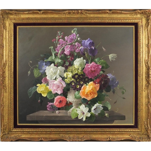 862 - Harold Clayton - A Flush of Summer Flowers, oil on canvas, Stacy Marks label and insurance valuation... 