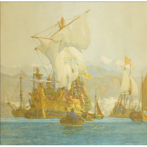 1016 - Norman Wilkinson - Battleships on calm sea, pencil signed print framed, 33.5cm x 33cm