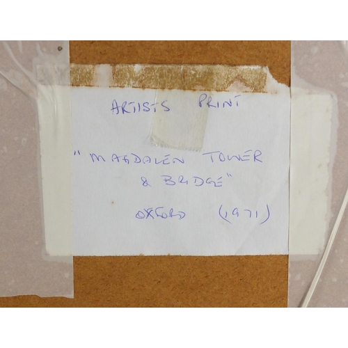 1015 - Robert Tavener - Magdalen Tower and Bridge (Oxford Series), pencil signed artist proof print, mounte... 