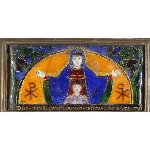 586 - Arts & Crafts bronze and enamel wall plaque depicting Madonna and child from a 17th century design, ... 