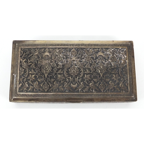 400 - Rectangular Persian silver coloured metal box, the hinged lid embossed with birds and foliate motifs... 
