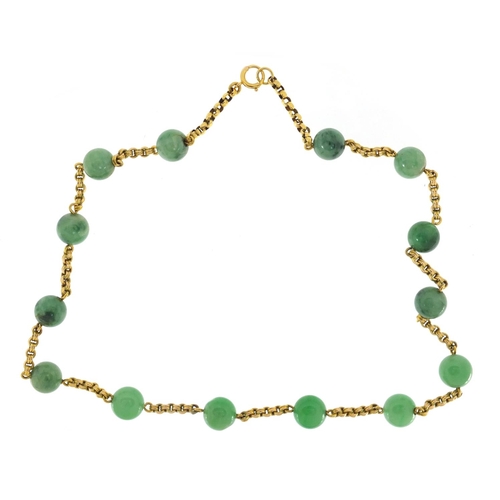 641 - 9ct gold and green jade bead necklace, 44cm in length, approximate weight 34.5g