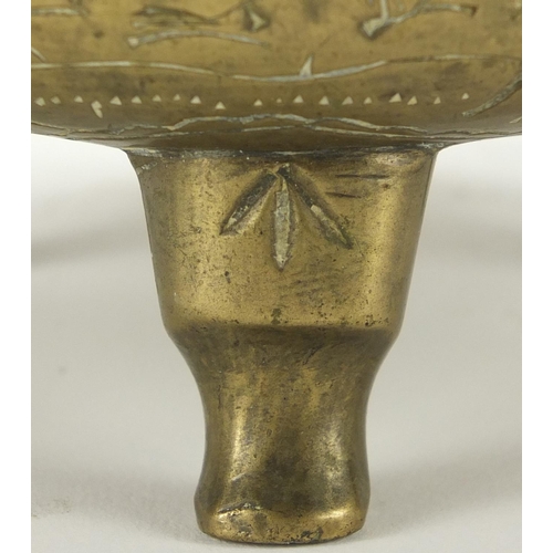 326 - Chinese bronze tripod incense burner with twin handles, engraved with flowers, six figure character ... 