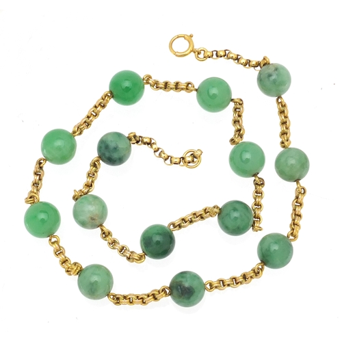 641 - 9ct gold and green jade bead necklace, 44cm in length, approximate weight 34.5g