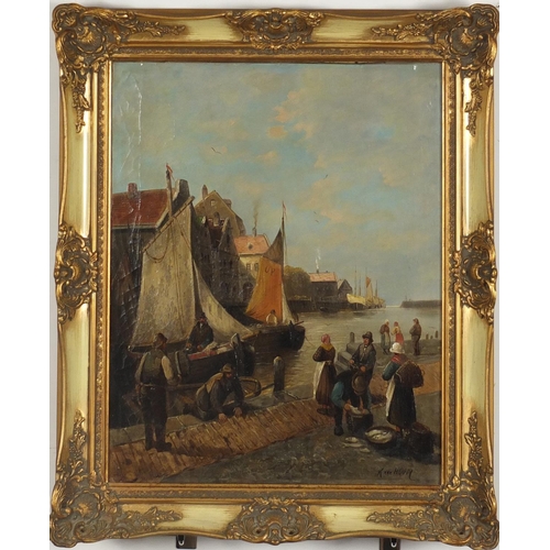 1209 - Kirk Van Hoom - Dutch harbour with fishing boats and fishermen, 19th century oil on canvas, framed, ... 