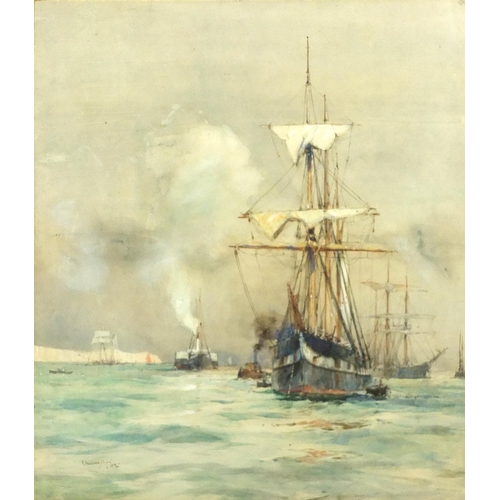 752 - Charles Edward Dixon - Sailing ships, steam ship and other vessels at sea, watercolour, label verso,... 