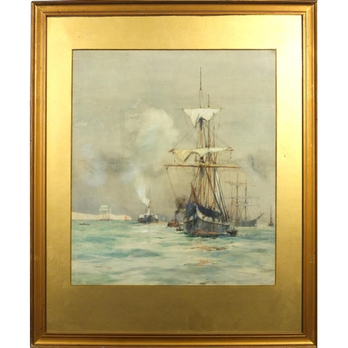 752 - Charles Edward Dixon - Sailing ships, steam ship and other vessels at sea, watercolour, label verso,... 