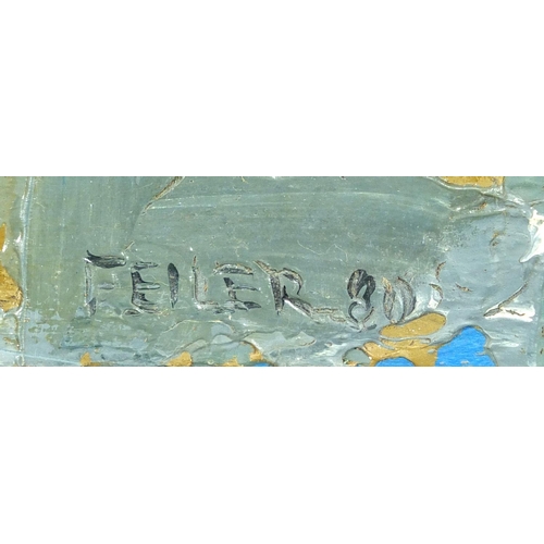 748 - Abstract composition, impasto oil on canvas, bearing a signature Feiler, framed, 40cm x 30cm