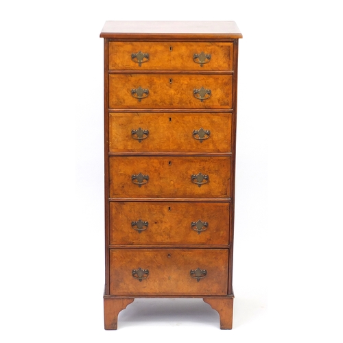 2002 - Burr walnut cross banded six drawer chest with oak lined drawers, 137cm H x 61cm W x 43cm D
