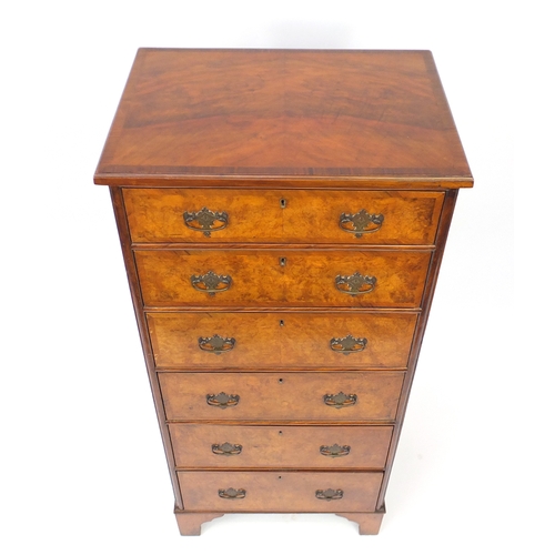 2002 - Burr walnut cross banded six drawer chest with oak lined drawers, 137cm H x 61cm W x 43cm D