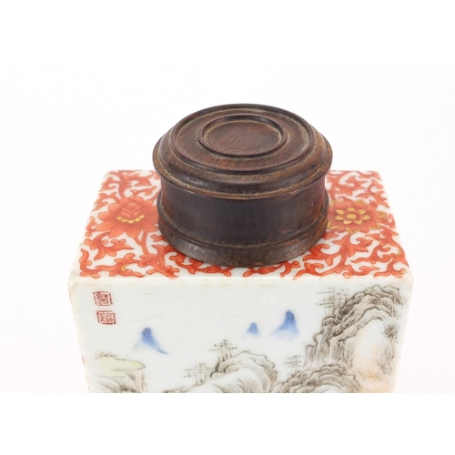 383 - Good Chinese porcelain tea caddy by Tang Yin, finely hand painted with peach blossom and mountain ri... 