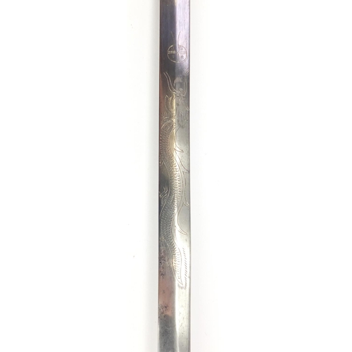 166 - Leather bound sword stick with brass pommel and engraved steel blade, 93cm in length