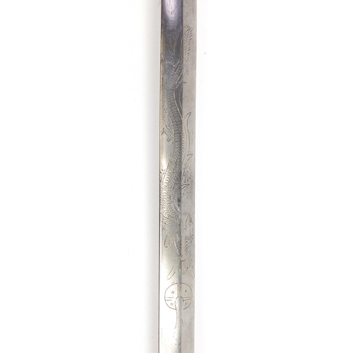 166 - Leather bound sword stick with brass pommel and engraved steel blade, 93cm in length