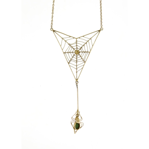 963 - Art Nouveau 9ct gold spider web necklace by Murrle Bennett & Co, the spider set with a turquoise and... 