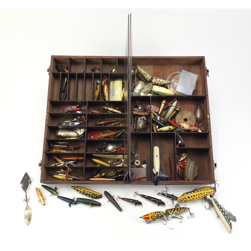 140 - Collection of vintage fishing lures including some hand painted, possibly some by Hardy, housed in a... 