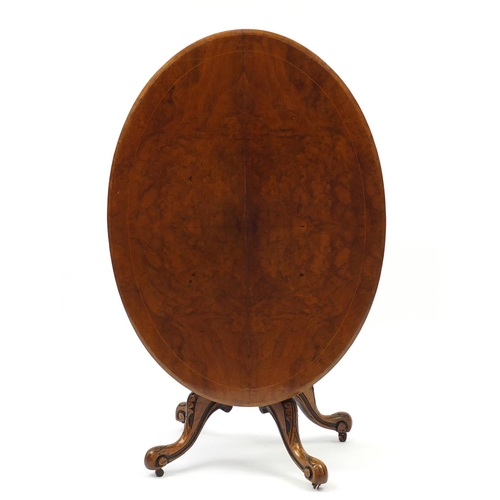 2053 - Victorian walnut quarter veneered tilt top breakfast table, 71cm H x 120cm W x 86cm D