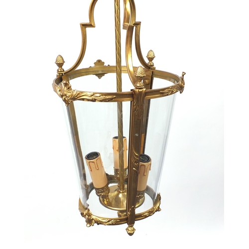 29 - French style brass and glass hanging lantern with acorn finials, 55cm high excluding the chain